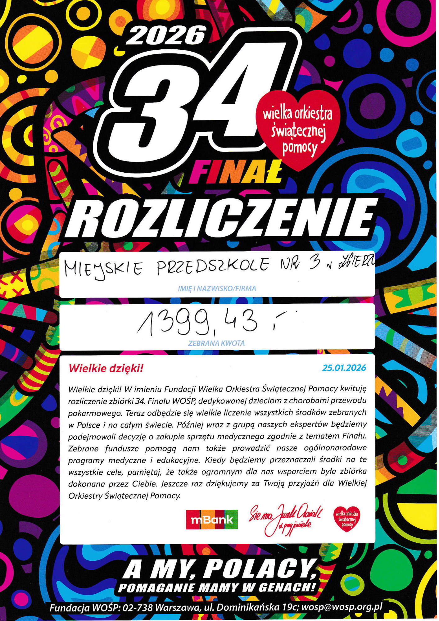 PLAKAT WOŚP Z KWOTĄ ZBI&Oacute;RKI 